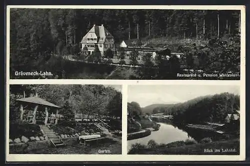 AK Gräveneck bei Weilburg, Restaurant und Pension Waldeslust, Garten, Blick ins Lahntal