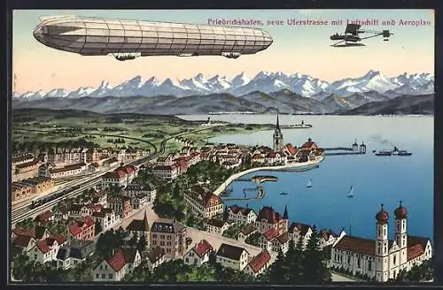 AK Friedrichshafen, Neue Uferstrasse, Flugzeug, Zeppelin