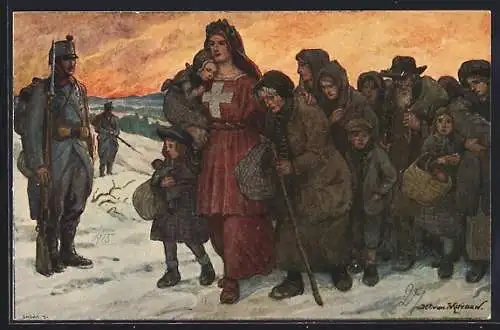 AK Schweizer Bundesfeier 1915, Helvetia mit einer Flüchtlingsgruppe im Schnee