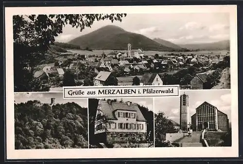 AK Merzalben i. Pfälzerwald, Kirche, Burg, Gartenpartie mit Gebäudeansicht