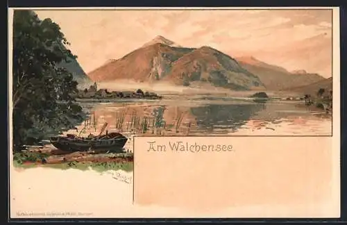 Künstler-Lithographie Otto Strützel: Walchensee, Panoramablick vom Ufer aus