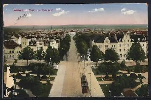 AK Weimar / Thüringen, Blick vom Bahnhof mit Strassenbahn