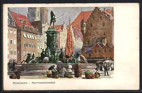 Künstler-AK Heinrich Kley: Nürnberg, Partie am Neptunbrunnen