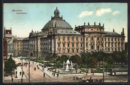 AK München, Blick auf den Justizpalast mit Strassenbahn und Nornenbrunnen