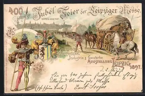 Lithographie Leipzig, Sächsisch-Thüringische Industrie & Gewerbe-Ausstellung 1897, 400. Jubiläum Leipziger Messe, Wappen