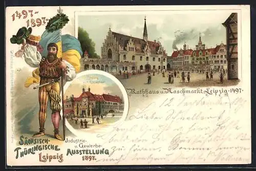 Lithographie Leipzig, Sächsisch-Thüringische Industrie und Gewerbeausstellung 1897, Rathaus am Naschmarkt