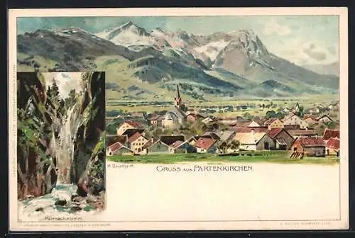 Künstler-AK H. Deuchert: Partenkirchen, Partnachklamm, Panorama