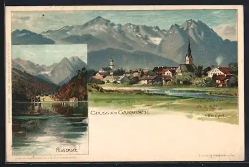 Künstler-AK H. Deuchert: Garmisch, Panorama mit Kirche, Rissersee