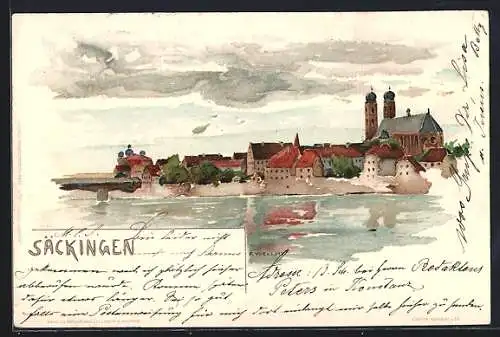 Künstler-AK Fritz Voellmy: Bad Säckingen, Blick vom Wasser auf den Ort