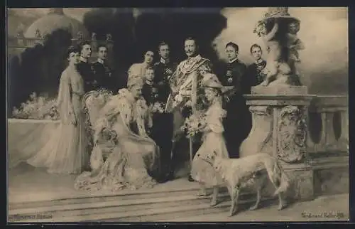 AK Die Kaiserfamilie Wilhelm II. von Preussen mit Windhund