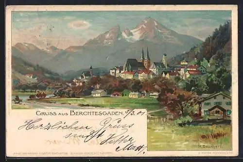 Lithographie Berchtesgaden, Teilansicht mit Kirche