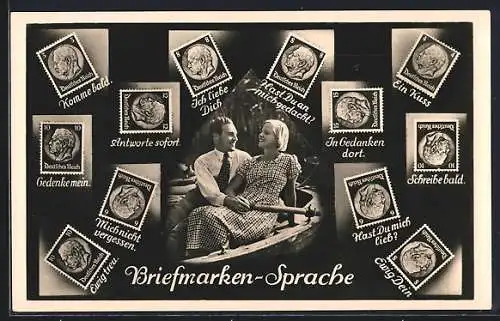 AK Briefmarken-Sprache, Paar in Boot