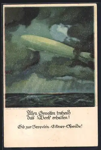 Künstler-AK Otto Amtsberg: Zeppelin im Gewitter über dem Meer