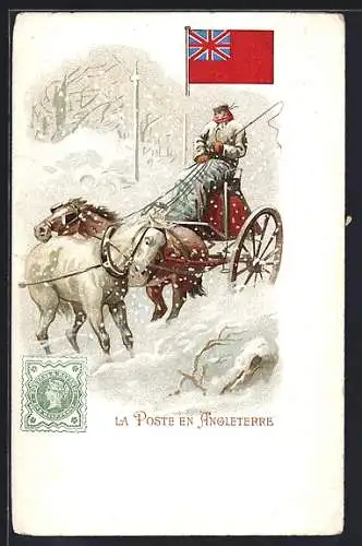 Lithographie La Poste en Angleterre, Postkutsche mit Briefträger im Winter