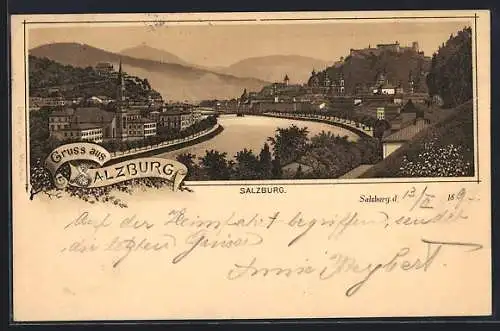 Lithographie Salzburg, Teilansicht mit Festung