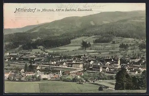 AK Mitterdorf /Mürztal, Bahnhof mit Eisenbahn, Ortschaft von oben