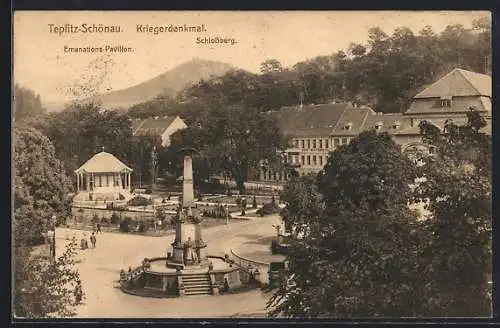 AK Teplitz-Schönau, Kriegerdenkmal mit Emanations-Pavillon und Schlossberg