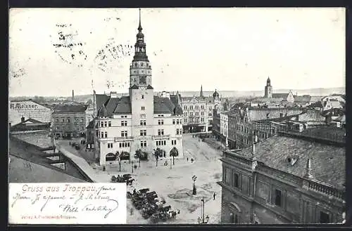 AK Troppau, Kutschen auf ienem Platz. Geschäft, Bes. A. Meixner