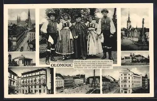 AK Olomouc, Strassenpartie mit Kirche und Strassenbahn, Hotel Palace, Denkmal