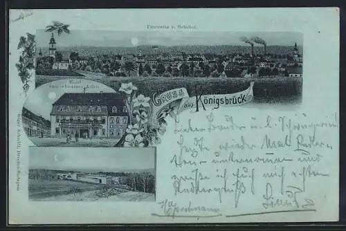 Mondschein-Lithographie Königsbrück, Panorama v. Bahnhof, Hotel zum schwarzen Adler bei Nacht