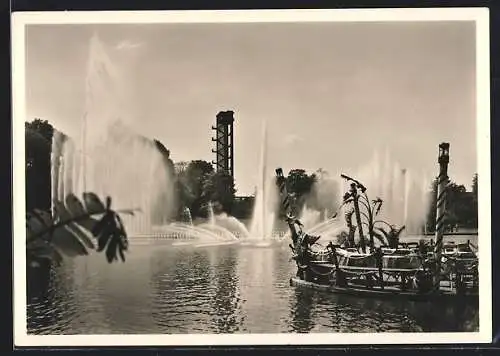 AK Hamburg, Gartenbau-Ausstellung 1935, Wasserspiele von dem Gasthaus Taverna Isola Bella gesehen