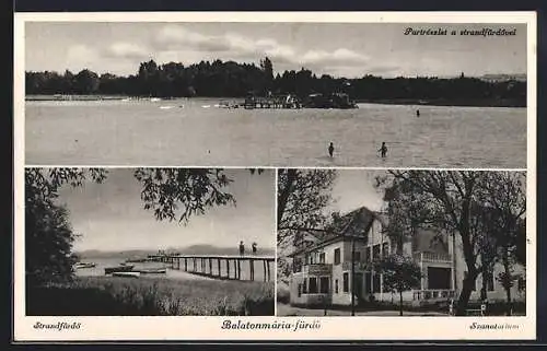 AK Balatonmaria-fürdo, Strandfürdö, Szanatorium, Partreszlet a strandfürdövel