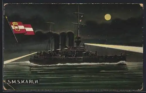 AK Kriegsschiff SMS Karl VI. bei Nacht