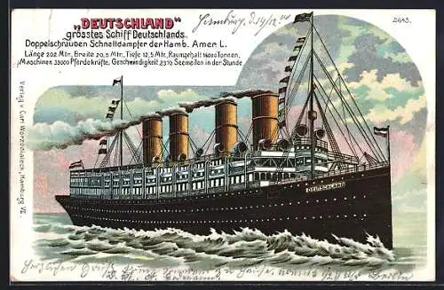 Lithographie Passagierschiff Deutschland der H.-A.-Linie in Flaggengala