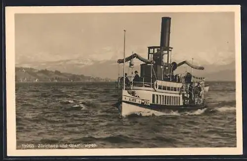 AK Binnenschiff Albis auf dem Zürichsee und Glarneralpen