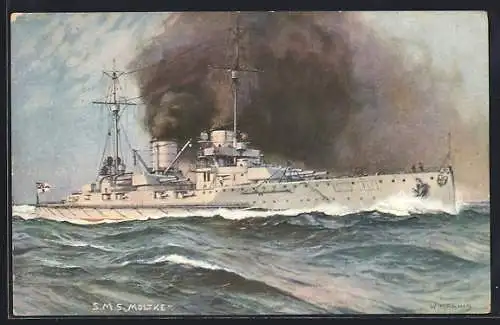 AK Kriegsschiff S.M.S. Moltke auf stürmischer See