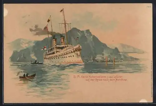 Lithographie S. M. Yacht Hohenzollern in den Lofoten auf der Reise zum Nordkap