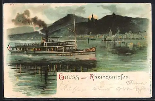 Lithographie Rheindampfer bei aufgehendem Vollmond