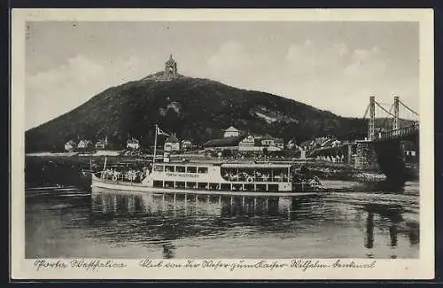 AK Porta Westfalica, Blick von der Weser mit Dampfer zum Kaiser-Wilhelm-Denkmal