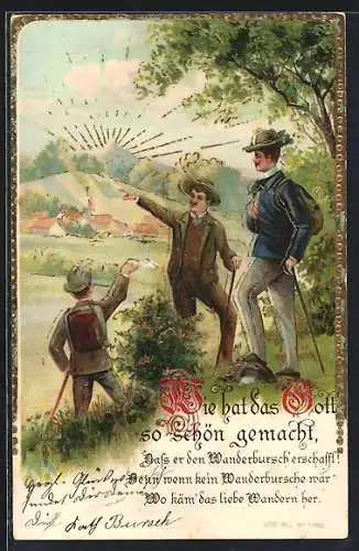 Lithographie Wanderburschen im Gespräch an einem Feld