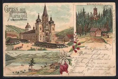 Vorläufer-Lithographie Mariazell, 1894, Wallfahrtskirche, Bürger-Alpl, Erlaf-See