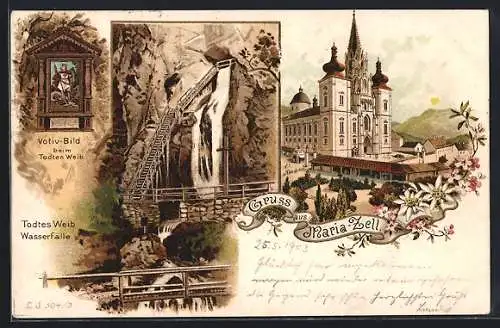 Lithographie Mariazell, Kirche, Todtes Weib Wasserfälle, Votiv-Bild