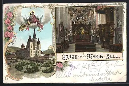 Lithographie Maria Zell, Wallfahrtskirche, Innenansicht