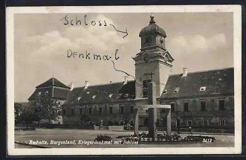 AK Rechnitz /Burgenland, Kriegerdenkmal mit Schloss