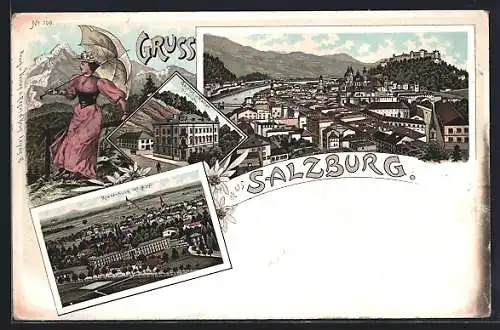 Lithographie Salzburg, Gesamtansicht, Riedenburg mit Asyl und Gasthof-Cafe Ofenloch