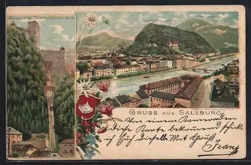 Lithographie Salzburg, Teilansicht mit Kapuzinerberg und Gaisberg, Hohensalzburg mit Drahtseilbahn