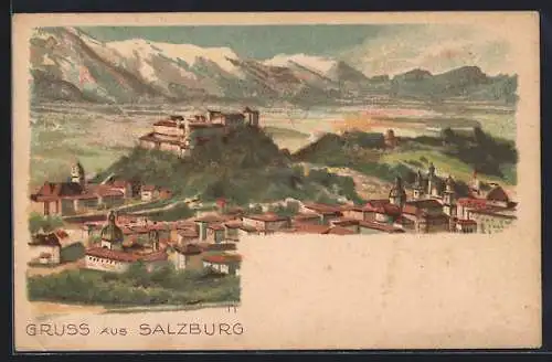 Lithographie Salzburg, Teilansicht mit Festung