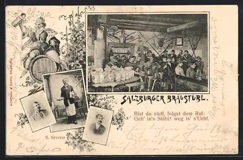 AK Salzburg, Salzburger Bräustübl, Portraits, Wirt, Trinkspruch, Gäste, viele Bierkrüge um 1900