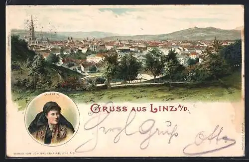 Lithographie Linz a. D., Linzerin in Tracht, Totalansicht