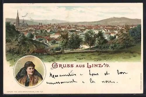 Lithographie Linz a. D., Linzerin in Tracht, Totalansicht