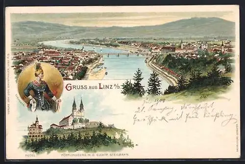 Lithographie Linz a.D., Gesamtansicht, Linzerin, Pöstlingberg m.d. elektr. Steilbahn