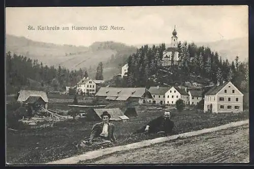 AK St. Kathrein am Hauenstein, Ortsansicht mit Kirche auf einer Anhöhe