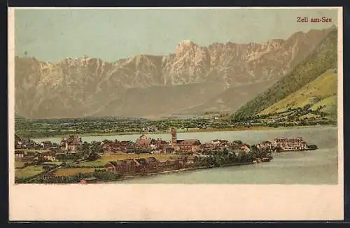 Lithographie Zell am See, Ansicht mit den Bergen