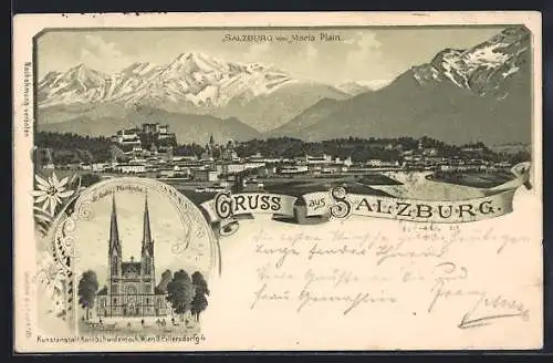 Lithographie Salzburg, St. Andrä Pfarrkirche, Panorama von Maria Plain aus