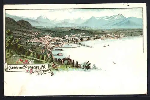 Lithographie Bregenz a. B., Panorama mit Bergen