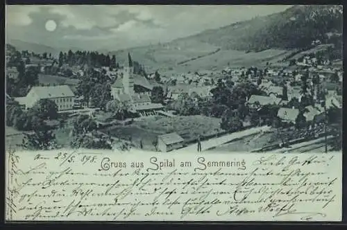 Mondschein-AK Spital am Semmering, Ortsansicht mit Blick in die Landschaft